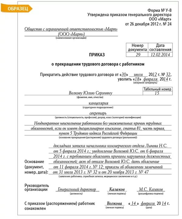 В связи с дисциплинарным взысканием. Образец приказ об увольнении по 81 ст ТК РФ. Образец приказа на увольнение ст 81 ТК. Приказ об увольнении по п.5 ст.81 ТК РФ. Приказ об увольнении по п 5 ч 1 ст 81 ТК РФ образец.