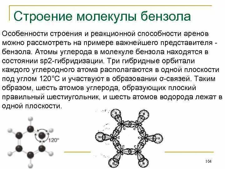 Число атомов в молекуле бензола равно. Строение молекулы бензола. sp2 гибридизация бензола. пространственная структура бензола.