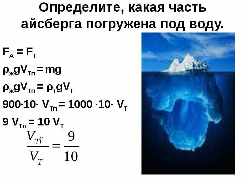 Определите объем подводной части айсберга. Айсберг соотношение подводной и надводной части. Какая часть айсберга находится под водой. Объем погруженной части тела формула