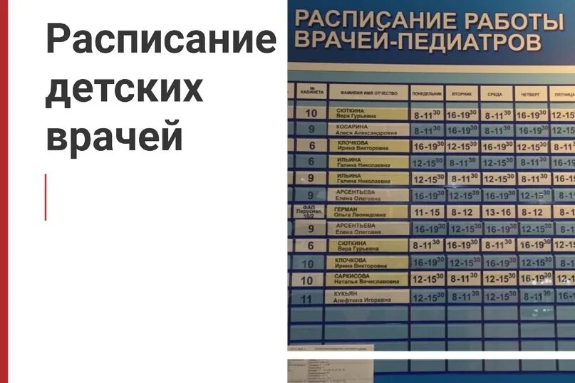 Расписание врачей врач принимает. Расписание работы врачей. Расписание работы врачей детской поликлиники. Расписание врачей фото. Список детских врачей.