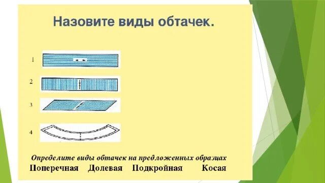 Виды обтачек. Обработка подкройной обтачкой. Обработать срез косой обтачкой. Обработка ворота подкройной обтачкой.