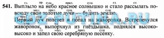 Русский язык 3 класс 2 часть Рамзаева. Выплыло на небо красное солнышко. Русский язык 3 класс 2 часть Рамзаева упражнение 541. Предложение части речи выплыло на небо красное солнышко. Первый луч полетел и попал