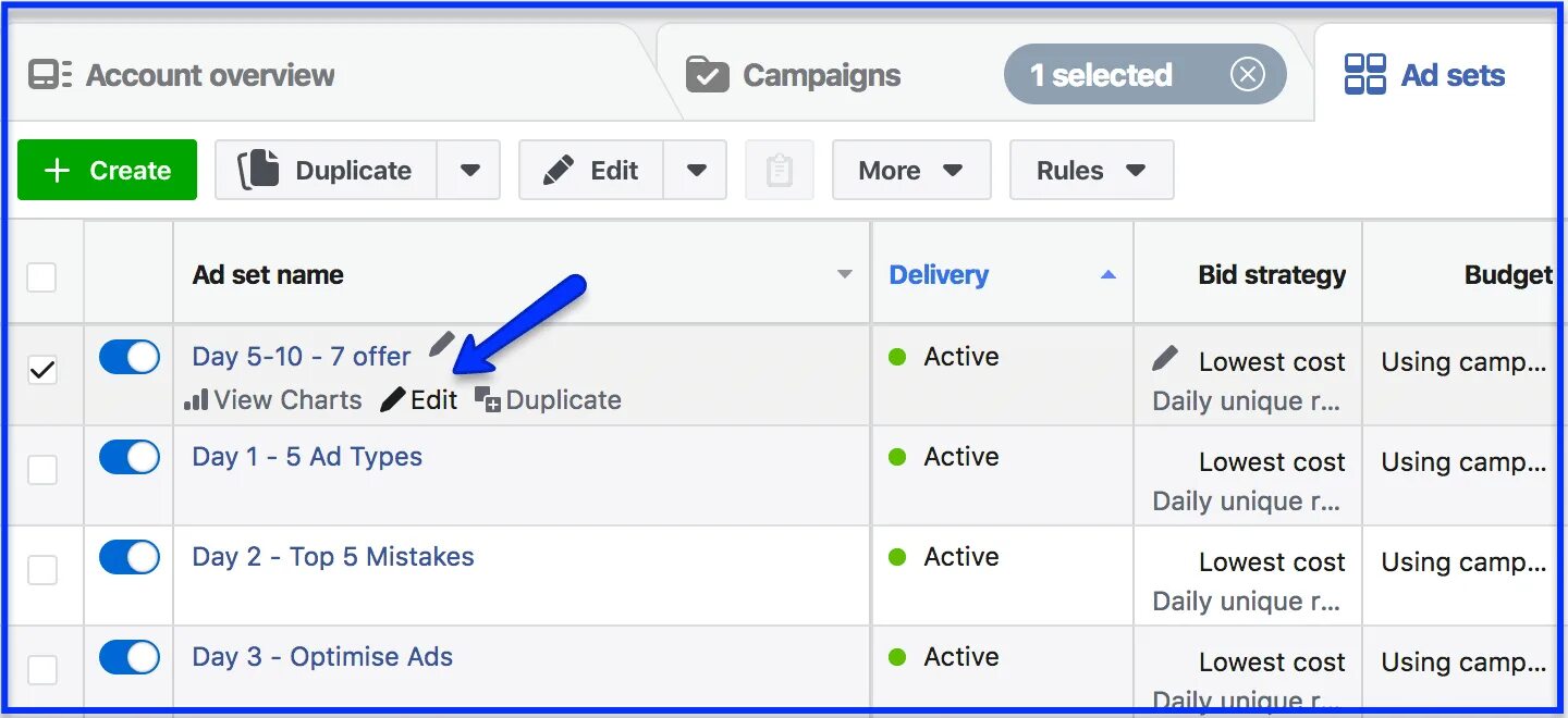 Set name. Ad sets off. facebook ads window results.