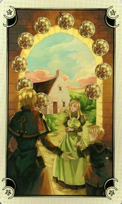 10 денариев таро. Таро семи звезд (mystical manga tarot). 10 пентаклей таро. Аркан 10 пентаклей таро. Что значит 10 пентаклей.