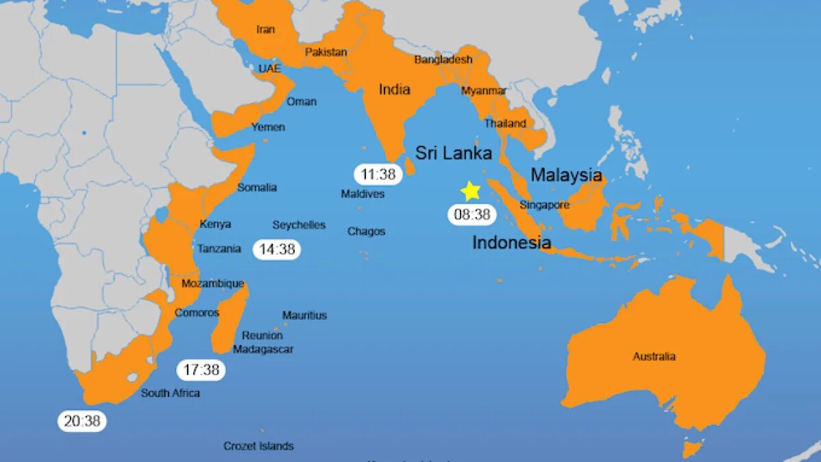 Малайзия индонезия индия. ЦУНАМИ 2004 на карте. Индийский океан ЦУНАМИ 2004 карта. Британская территория в индийском океане на карте. ЦУНАМИ В индийском океане на карте.
