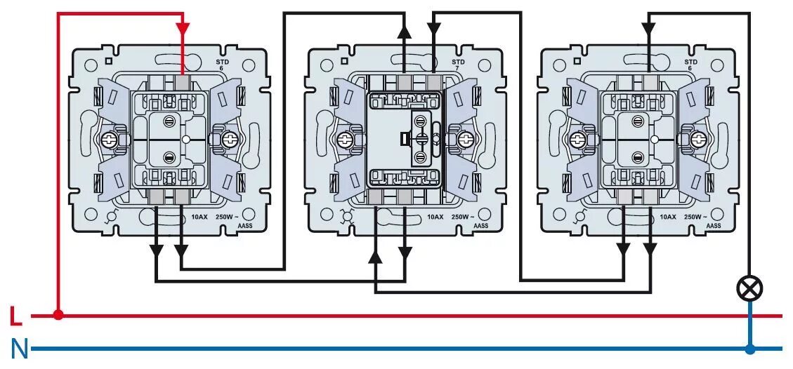 Проходной переключатель с 3-х мест Легранд. Схема подключения двухклавишного перекрестного выключателя с 3х мест. Перекрёстный выключатель одноклавишный схема подключения. Схема подключения двухклавишного проходного выключателя с 3 мест. Как подключить перекрестный выключатель