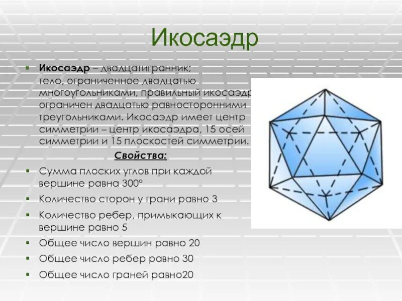 Икосаэдр имеет число граней. Икосаэдр двадцатигранник. правильный икосаэдр формулы. объем икосаэдра формула. икосаэдр вершины.