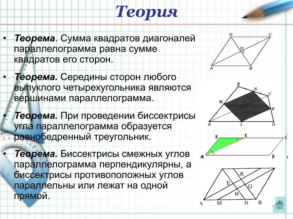 Биссектриса смежных углов параллелограмма. Свойства диагоналей выпуклого четырехугольника. Свойства биссектрисы в четырехугольнике. Сумма диагоналей четырехугольника. Теорема о диагоналях четырехугольника.