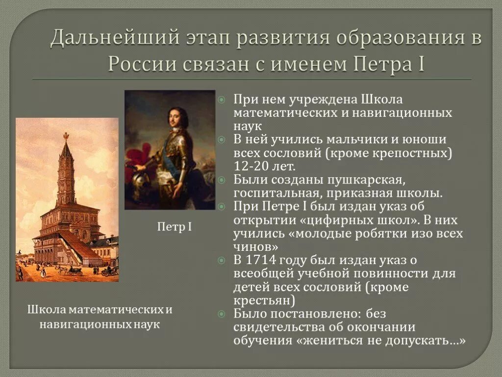 Образование при петре 1 сообщение. Петр 1 школа математических и навигационных наук. навигацкая школа при петре 1 создатель. навигаторская школа при петре 1. навигацкая школа в сухаревой башне при петре 1.