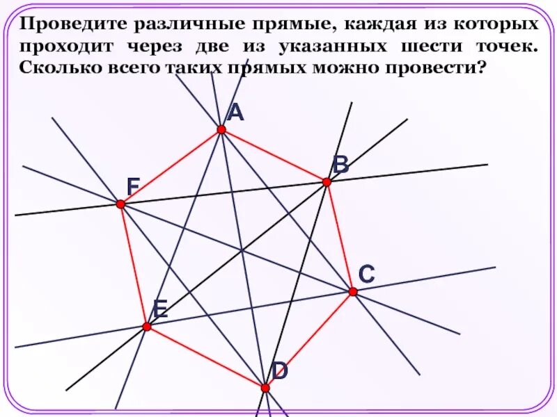 Сколько прямых можно построить. Через каждые две точки проведите прямую. Различные прямые. Сколько проходит прямой через две точки. Через две точки можно провести несколько различных прямых.