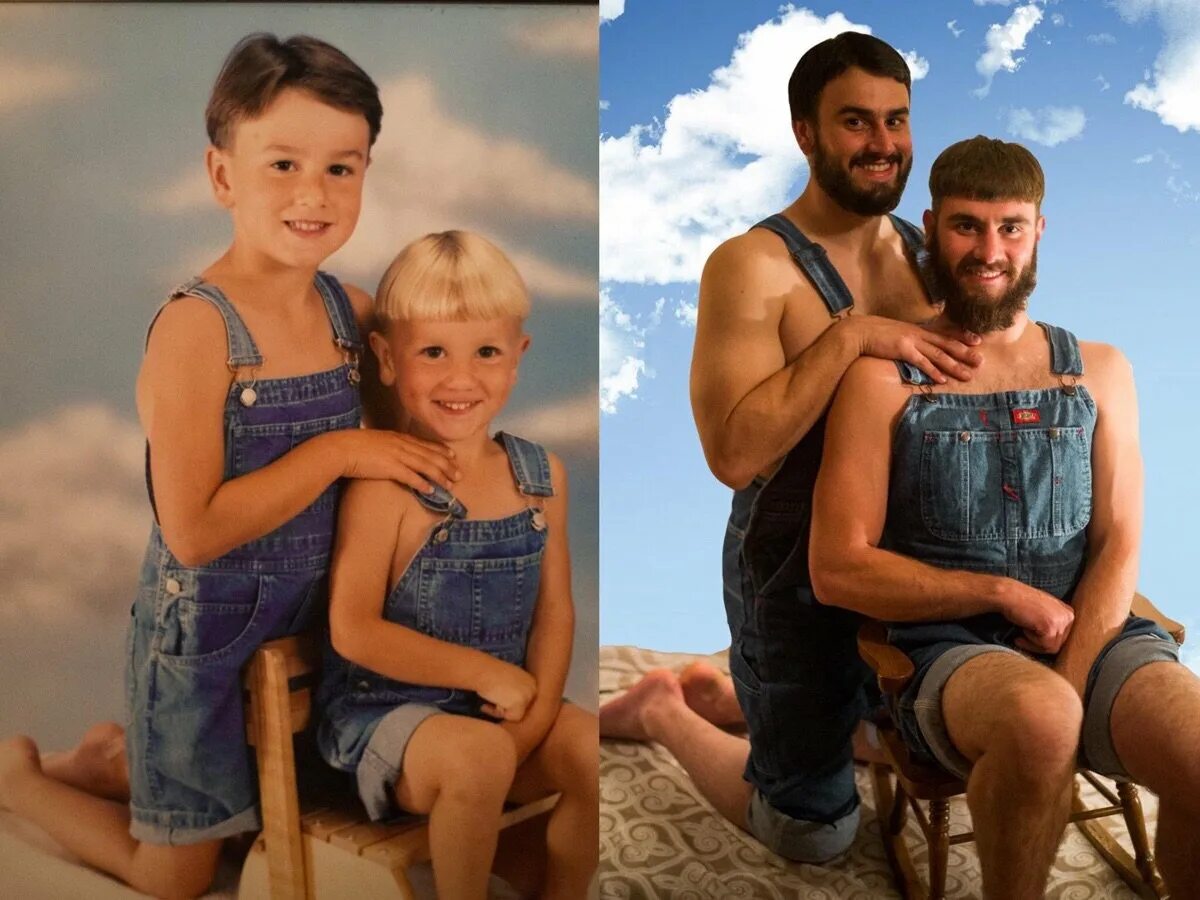 Вернулся через много лет. Семейные снимки в детстве и сейчас. Люди повторили свои детские снимки. Семейные фотосессии спустя года. Люди в детстве и взрослые.