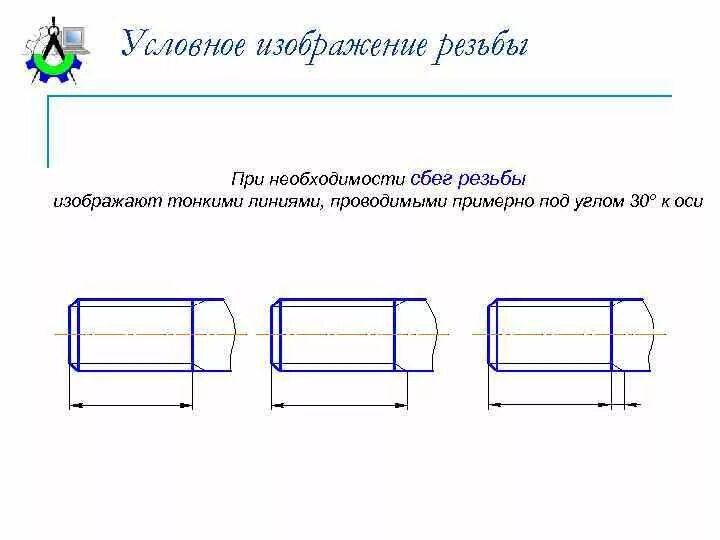 Сбеги. Сбег резьбы. Условное изображение резьбы. Сбег резьбы на чертеже. Сбеги и Недорез резьбы на чертеже.