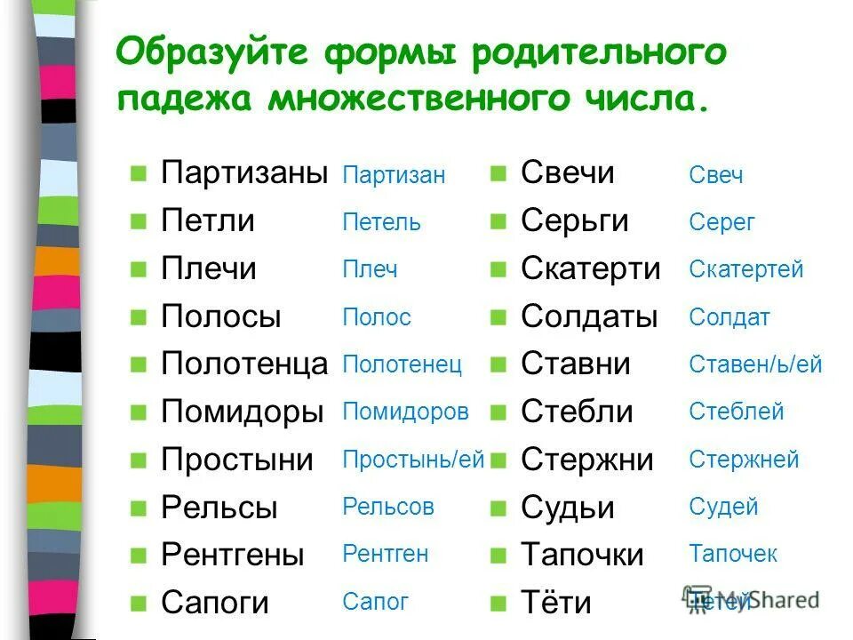 Форма р п мн ч существительных. Серьги в родительном падеже множественного числа. Родительный падеж множественного числа. Слова в родительном падеже множественного числа. Чулки в родительном падеже множественного числа.