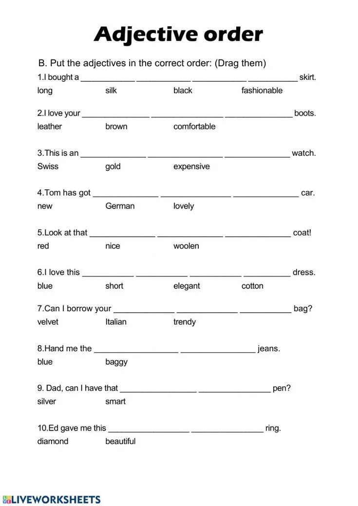 Order position. Order of adjectives in English exercises. Adjectives английский Worksheet. Прилагательные порядок в английском языке упражнения. Order of adjectives in English Worksheets.