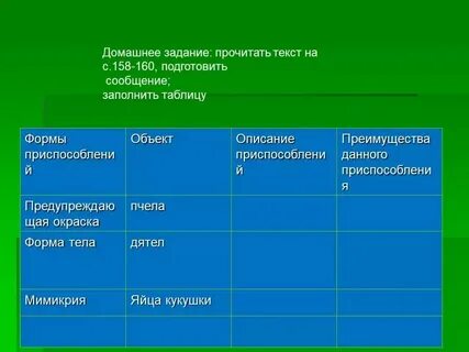Виды приспособленности организмов таблица