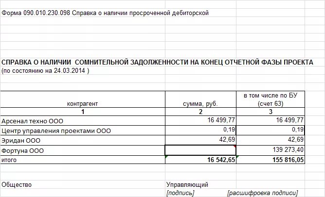 Справка о дебиторской задолженности