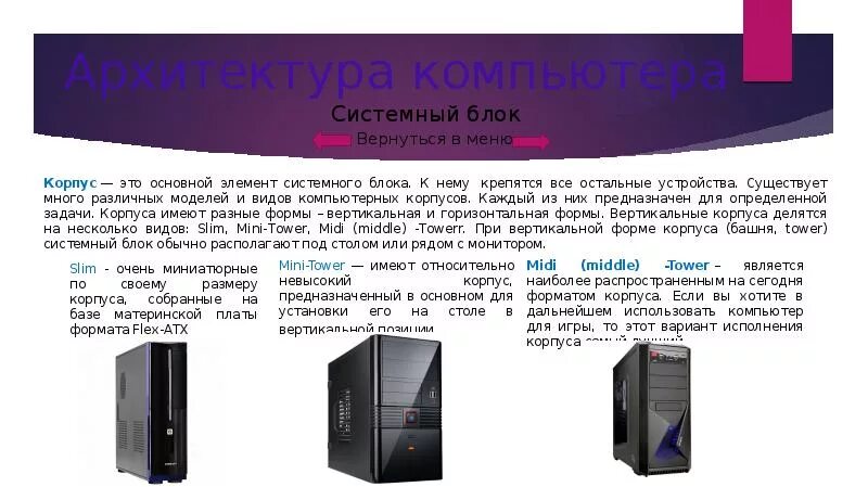 Типы системных блоков компьютеров. Архитектура системного блока компьютера. типы корпусов пк. архитектура компьютера блока. типы корпусов системного блока пк.