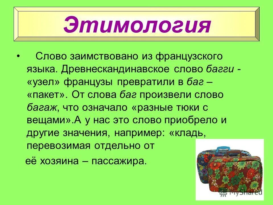 Этимология слова. Происхождение слов. Значение слова багаж. Словарь происхождения слов.