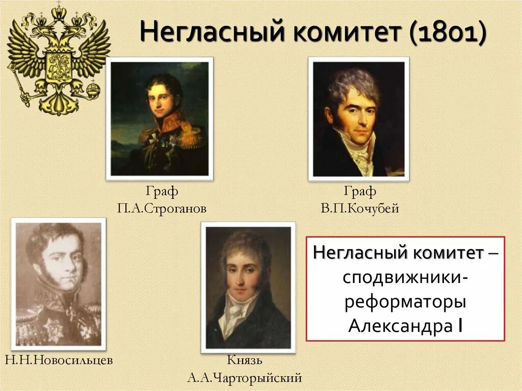 Негласный комитет при Александре 1. Строганов при Александре 1 негласный комитет. Неофициальный орган при александре 1