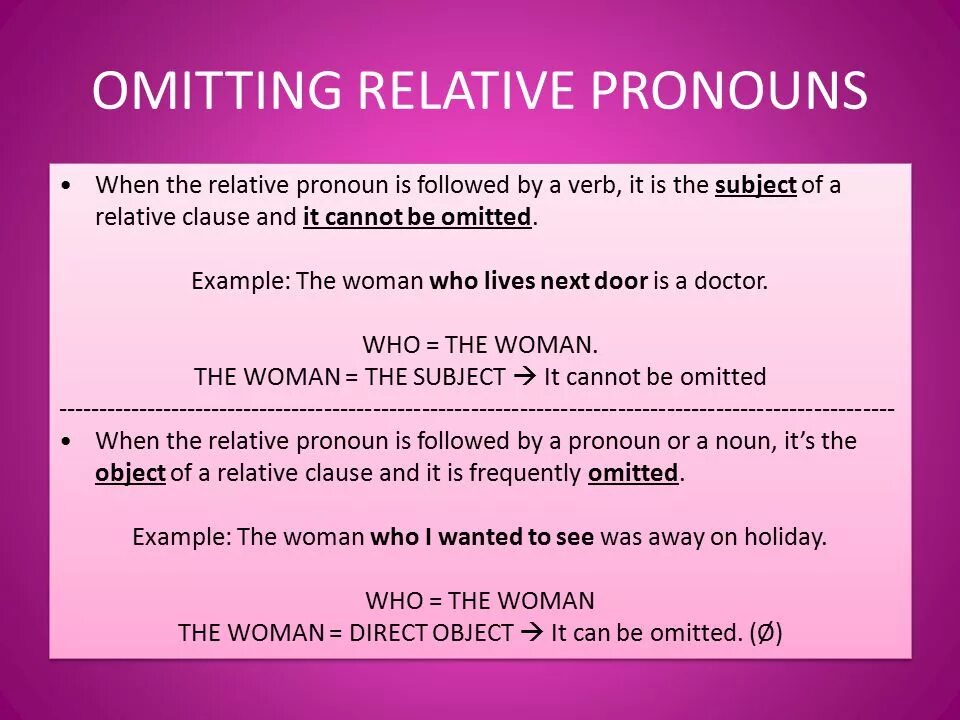 Tick sentences. Omitting relative pronouns. Omitting relative Clauses. Relative pronouns and Clauses. Omit relative pronouns.