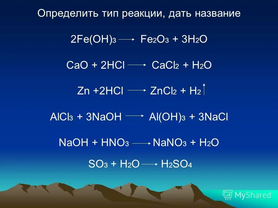 Виды fe. Fe+o2 название Тип реакции. Cao+h2o Тип реакции. ZN+HCL Тип реакции.