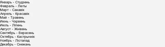 Сколько месяцев в украине. Месяца на белорусском. Месяца года на белорусском языке. Название месяцев по белорусски. Белорусские названия месяцев и русские.