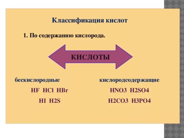 H2co3 классификация кислоты. Hbr классификация кислоты. Классификация кислот по содержанию кислорода. HF классификация кислоты. 3 формулы бескислородных кислот