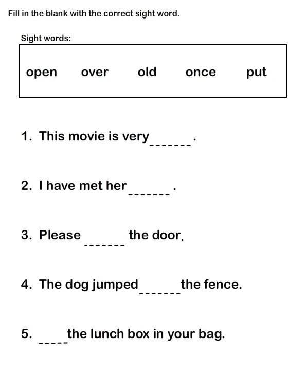Sight Words for Kids. Sentence in English for Kids. Fill in the correct Word. Worksheets for 1st Grade English.