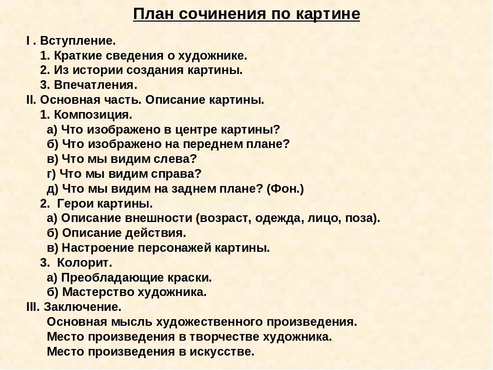 Составить план четыре художника. План написания сочинения по картине 4 класс. Как пишется план сочинения по картине. Как написать сочинение описание план. План сочинения по картине 5 класс.