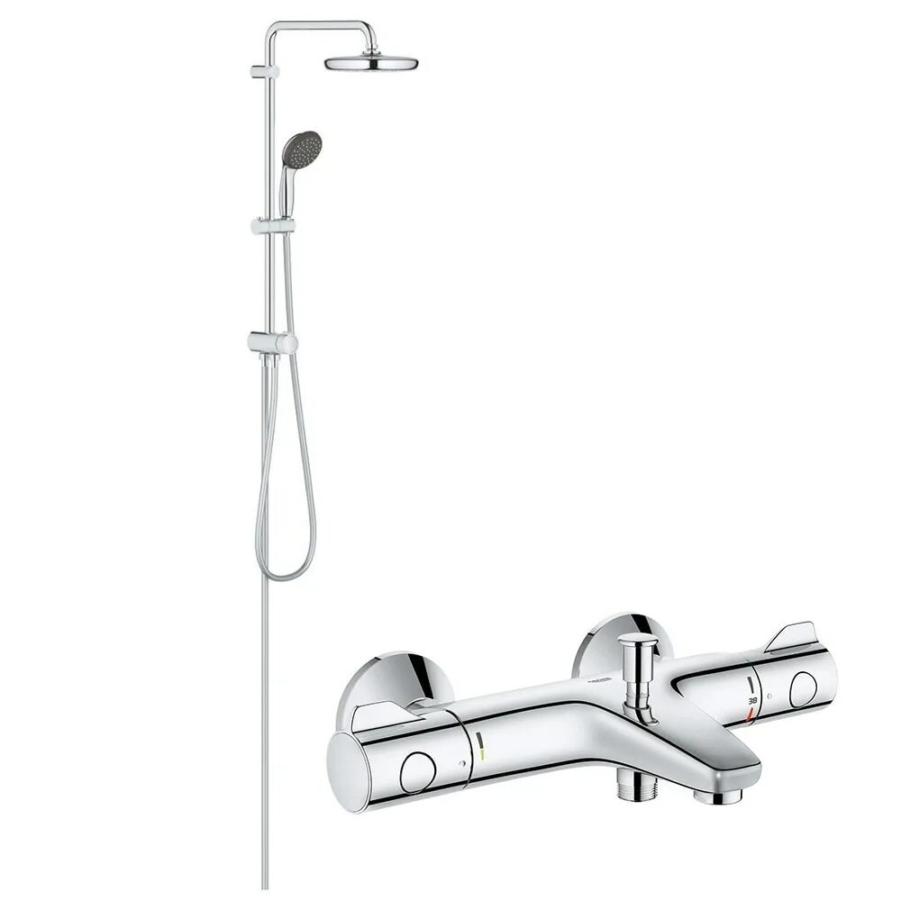 Смеситель термостат с изливом. Grohe Grohtherm 800. Смеситель для ванны с душем Grohe tenso 34026 двухрычажный с термостатом хром. Смеситель для ванны с душем Grohe veris 34327000 двухрычажный с термостатом хром. Душевой набор (гарнитур) Grohe Tempesta new100 27794001 хром.