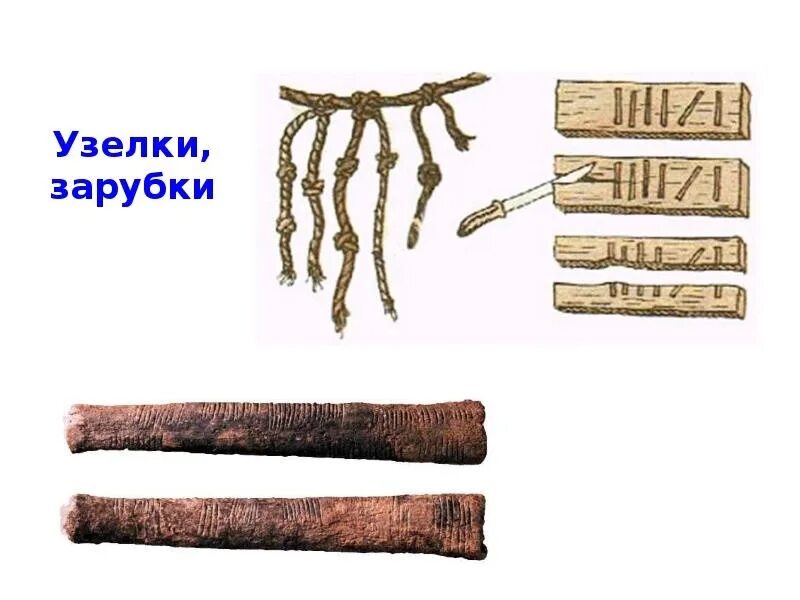 Первые элементы счета. Узелки и зарубки в древнем Китае. Кость с зарубками. Древние узелки для счета. Зарубки древних людей.