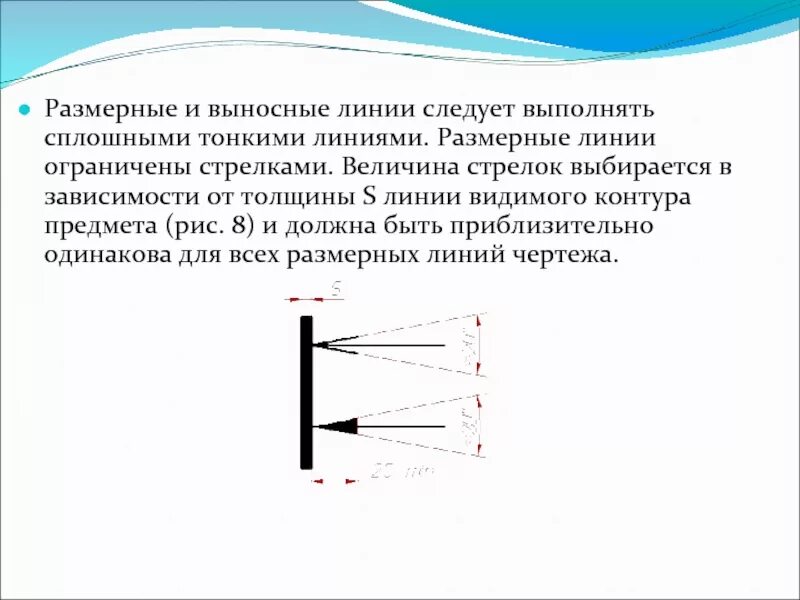 Сплошная тонкая Размерная линия. Линия видимого контура выполняется линией. Размерные и выносные линии. Толщина выносных и размерных линий составляет.