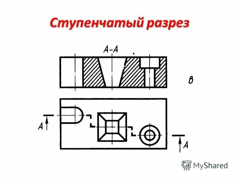 Какие разрезы изображены на рисунке. Сложный ступенчатый разрез инженерная графика. сложный ступенчатый разрез на чертеже. комбинированные разрезы. фронтальный ступенчатый разрез.