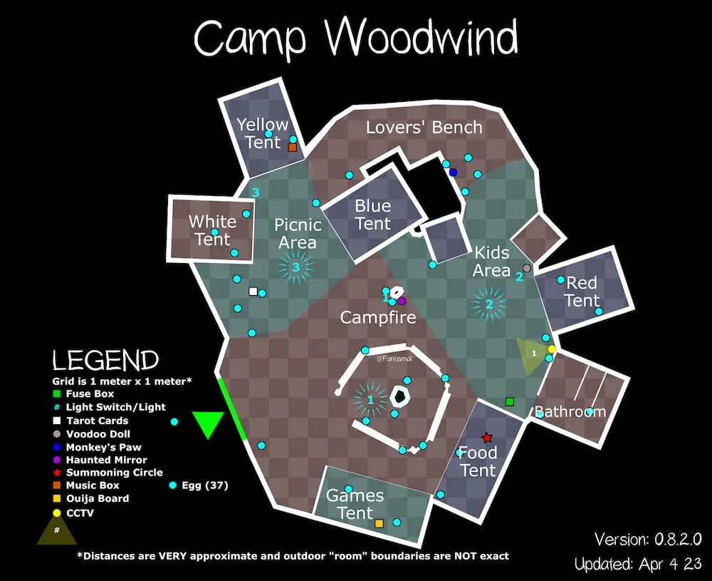 Кэмп вудвинд предметы. Camp woodwind карта. Проклятые предметы на карте camp woodwind. Проклятые предметы на карте camp woodwind. Phasmophobia maple lodge campsite map.