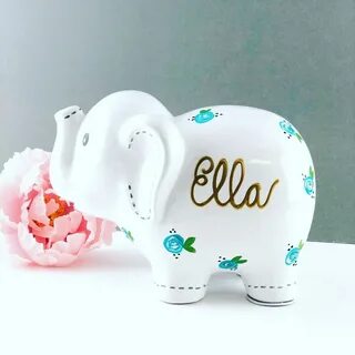Personalized Elephant Piggy Bank for Girls, Hand Painted, 1st Birthday Baby...
