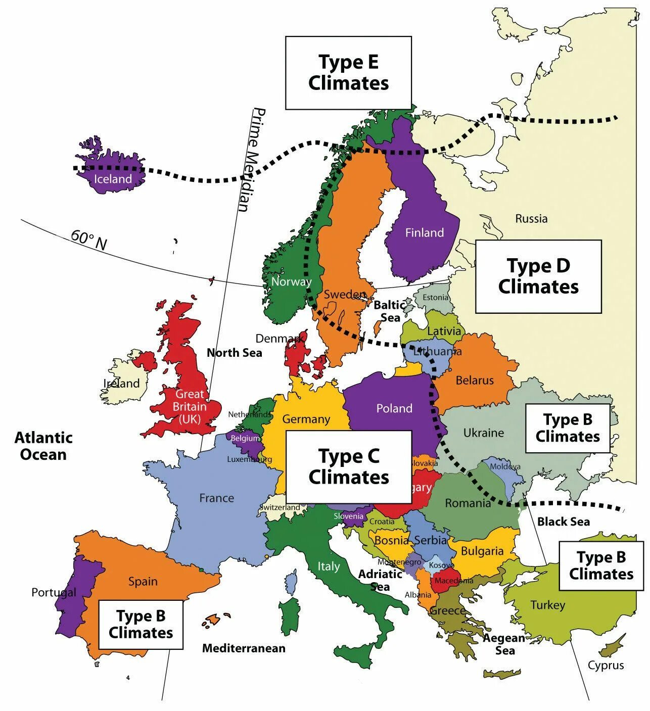 Type map. Types of climate. теплые страны европы. geographic regions europe map. north west europe countries.
