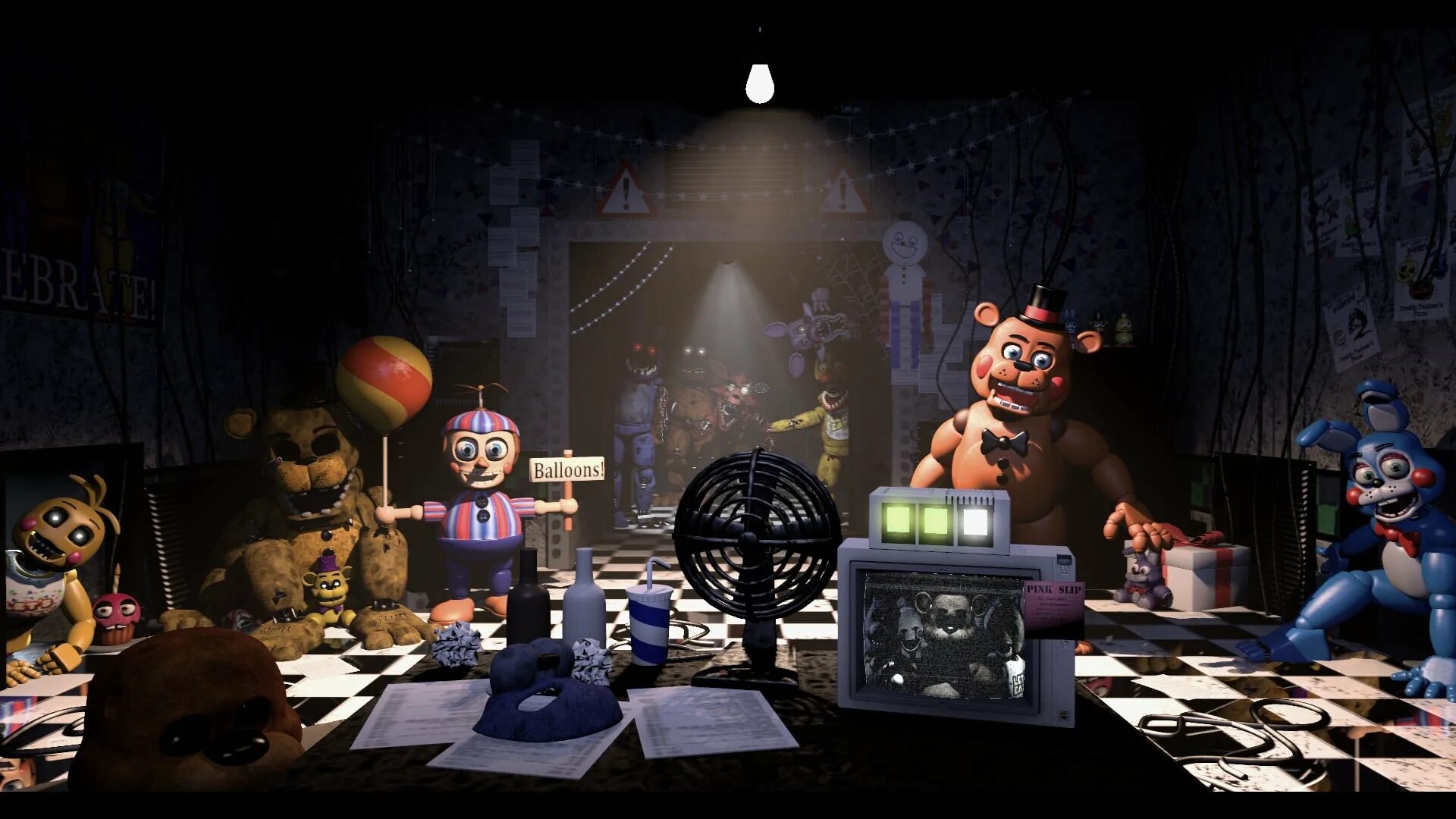 Фнаф игра год. Five Nights at Freddy s 2. Five Nights at Freddy's 2 офис. Монте Фредди. ФНАФ 1 склад.