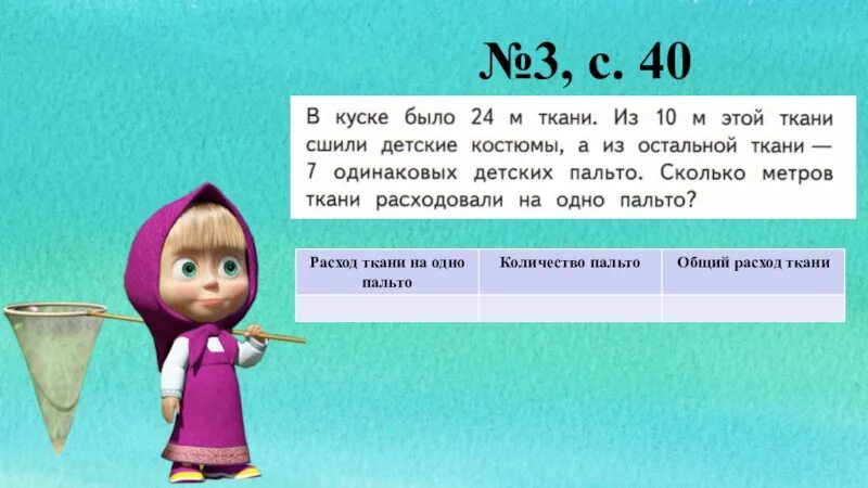 В куске было 24 м ткани. В куске 10 м ткани. Задача в куске было 24 м ткани. В куске было 12 м ткани.