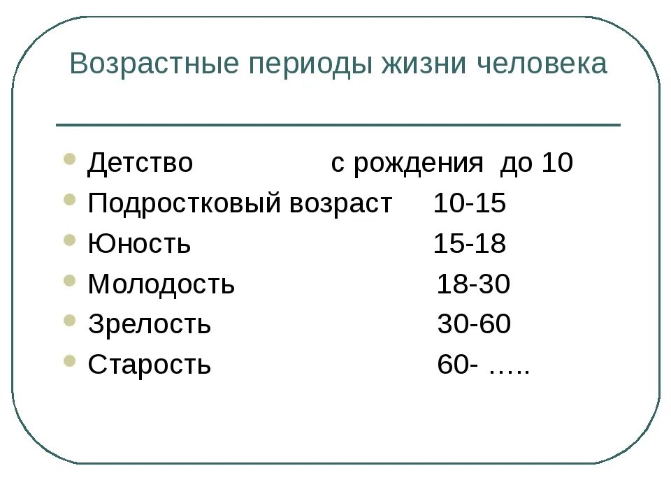 Пожилой возраст в россии со скольки лет. Периоды жизни человека. Возрастные периоды. Возрастная периодизация молодость. Детство отрочество Юность возрастные периоды.