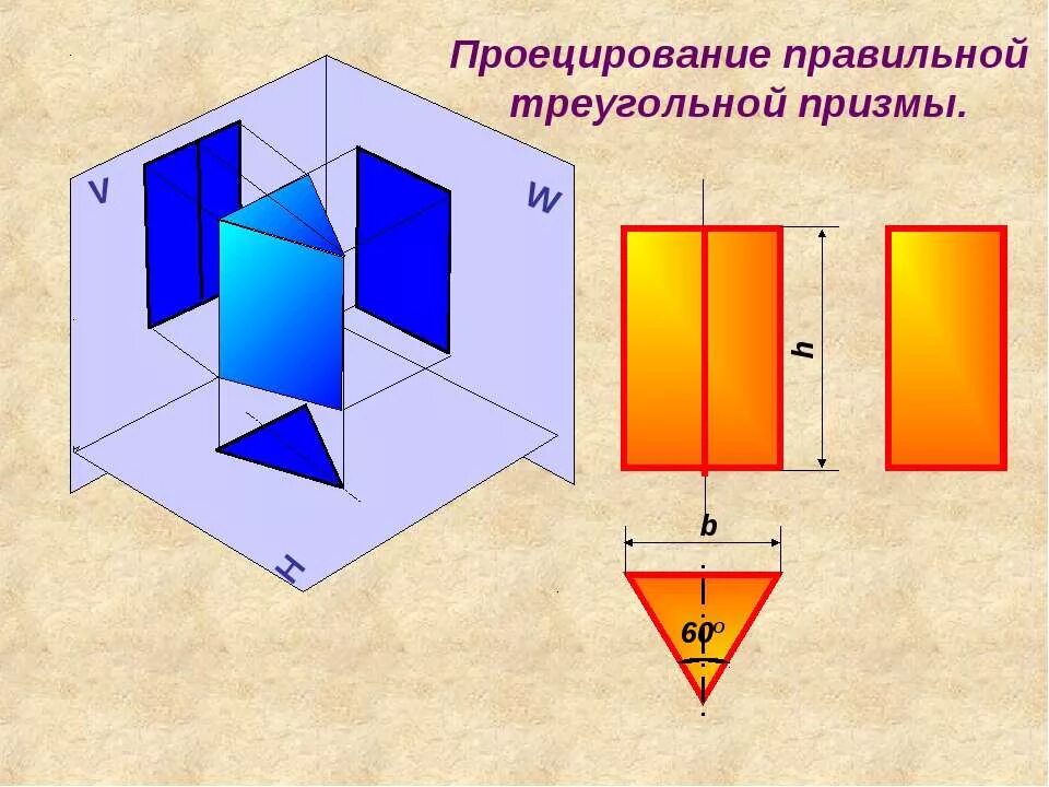 На поверхность правильной треугольной призмы падает. Проецирование трехгранной Призмы. Треугольная Призма в трех проекциях. Комплексный чертеж треугольной Призмы.