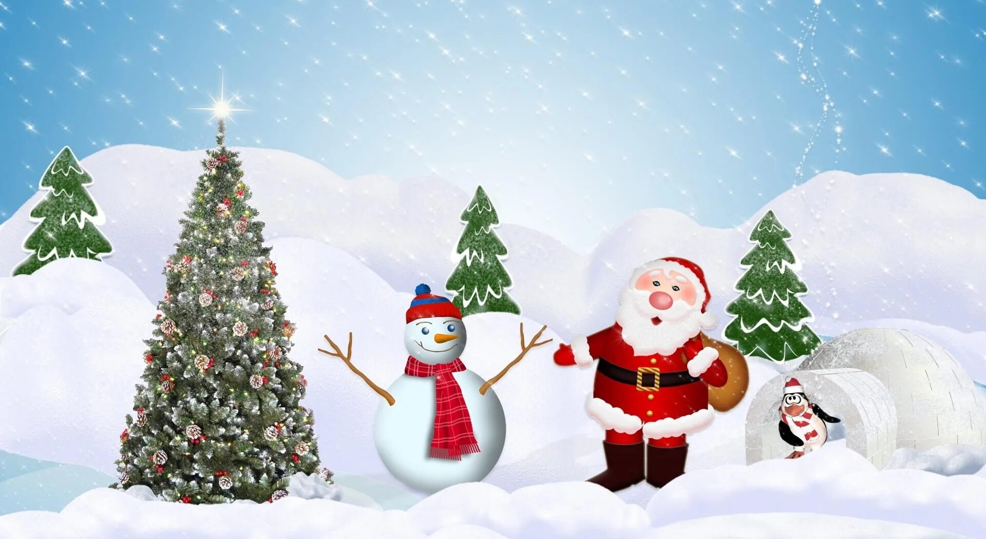 Новогодние обои на рабочий стол. Дед Мороз и Снеговик. Снеговик с елкой. Новый год елка дед Мороз. Снег снеговик снегурочка