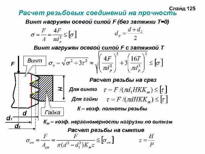 Скорость среза. Расчет резьбовых соединений. Расчет резьбовых соединений на прочность. Расчетная прочность резьбового соединения. Условие прочности резьбовых соединений на срез.