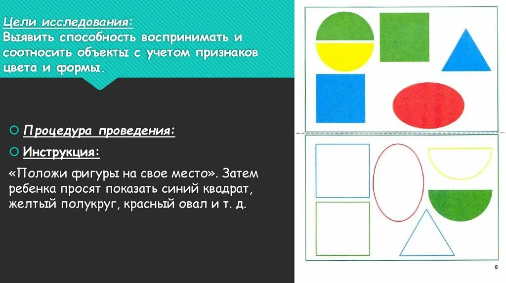 Признаки цветной. Способность воспринимать и соотносить с учетом цвета и формы. Положи фигуры на место. Соотношение объектов с учетом признаков цвета и формы. Выявить умение выделять предметы до 5 соотносить с точками.