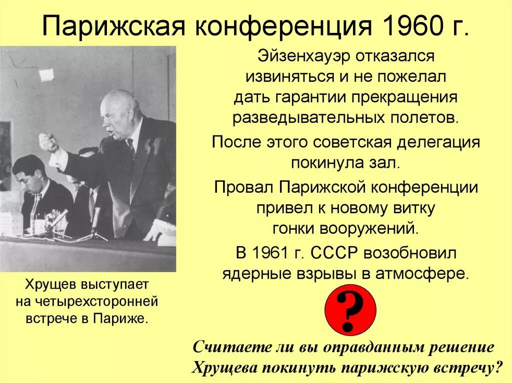 Внешняя политика ссср в 1950 е гг. Встреча Хрущева и Эйзенхауэра 1959. Парижская конференция 1960. Внешняя политика Эйзенхауэра. Визит Хрущева во Францию 1960.