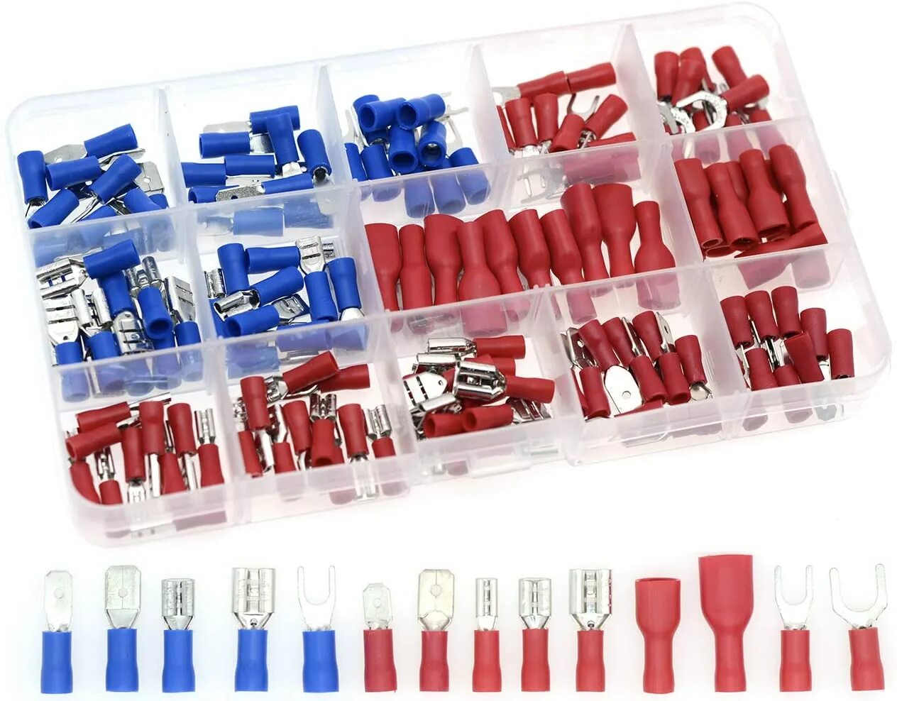 Terminal set. Crimp terminal types. &#039;c&#039; type crimp connector. push-on terminal 6.3mm male red. electrical cable crimping.