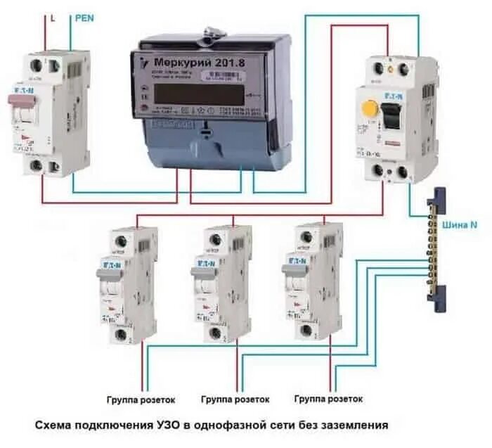 Заземление без автомата узо. Схема подключения автомата в однофазной сети с заземлением. Схема подсоединения УЗО В трехфазную сеть с заземлением. Схема подключения УЗО В однофазной сети с заземлением. Схемы подключения УЗО И автоматов в однофазной сети с заземлением.
