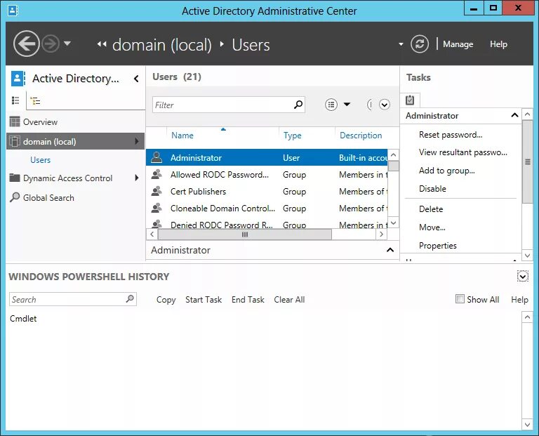Local dir. Центр администрирования active directory. ou в домене. dir view. administrative results.