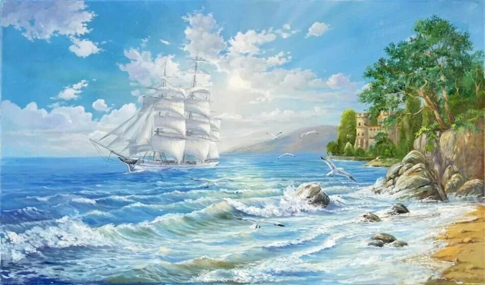 Морская тема морской пейзаж. Красивый морской пейзаж с кораблем. живопись корабль у берега. картина маслом корабль в море. постер &quot;морской пейзаж&quot;.