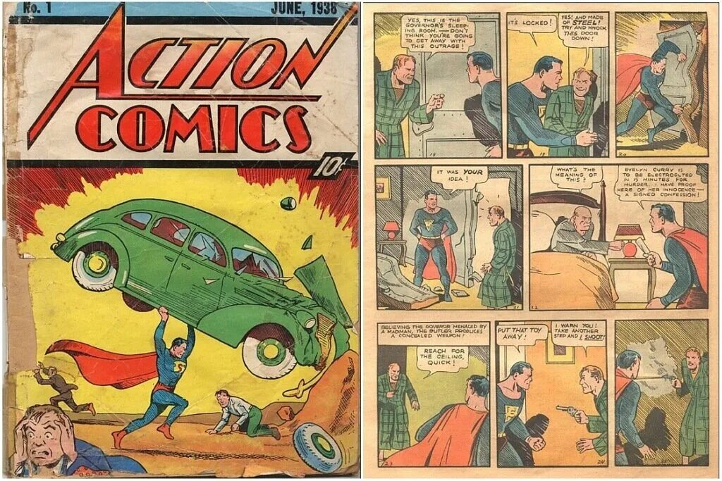 Комиксы выпуски. Первый комикс про Супермена. Супермена в комиксе Action Comics #1. Супермен 1938 первый выпуск. Самый первый комикс про Супермена.