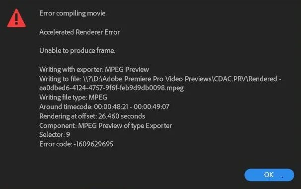 Ошибка рендеринга. Ошибка Adobe Premiere Pro. Ошибка рендера Adobe Premiere Pro.